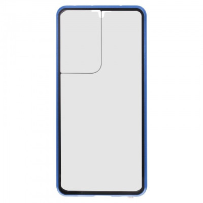   Луксозен алуминиев бъмпър от 2 части с магнити и стъклен протектор лице и гръб оригинален Magnetic Hardware Case за Samsung Galaxy S21 Ultra G998 син 